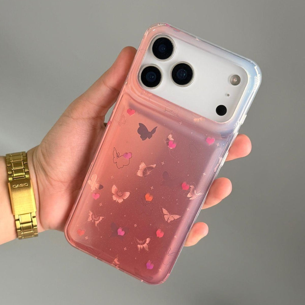 Pink Butterfly Gradient Clear Phone Case – Cute Heart & Butterfly Design