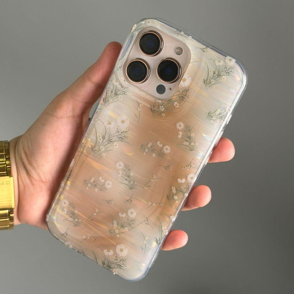 Elegant Daisy Pearl Glow iPhone Case – Floral Iridescent Shockproof Transparent Cover