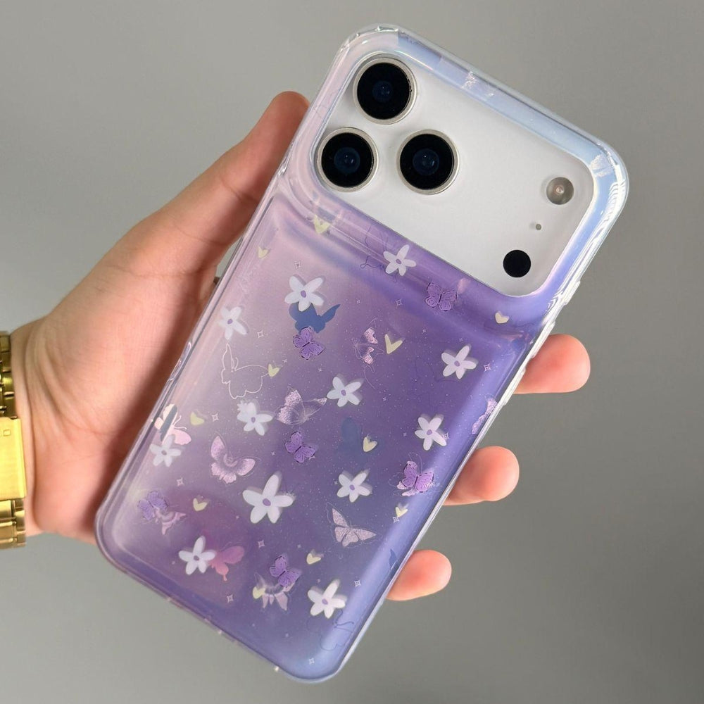 Purple Butterfly Floral iPhone Case – Aesthetic Clear Gradient Shockproof Phone Cover
